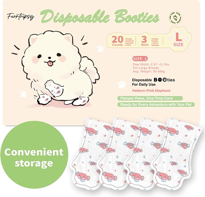 Disposable Dog Booties for Dog Cats,Pet Booties Waterproof and Breathable with Adjustable Bandage,Unstoppable Paw Protectors for Dogs Cats, 20 Counts(L)