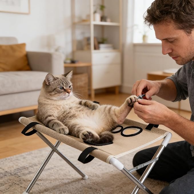 Pet Grooming Hammock with Washing Eight Hole Hammock Helper Hanging Harness for Picking Ears Nail Clipping Home (Khaki)