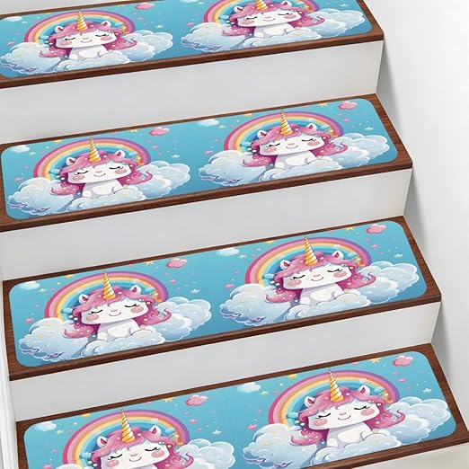 Animal Cartoon Unicorn Cute Stair Treads for Wooden Steps Indoor Washable Staircase Carpet 15PCS 30"x7.8" Stair Step Treads Non-Slip Staircase Covers Peel and Stick Safety Mat for Kids Elders Pets