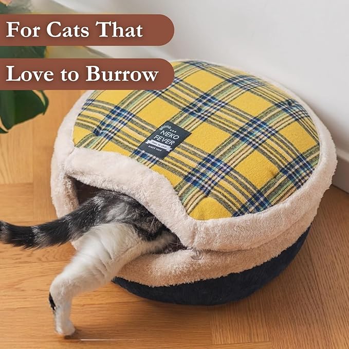 Cat Bed Cave – Enclosed Hideaway with Detachable Lid & Mat, Covered Round House for Indoor Kitten & Kitty (Snow)