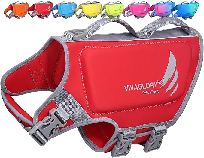 VIVAGLORY High Buoyancy Dog Life Vest, Swimming Vest with Handle, Dog Life Jacket for Swimming & Boating, Buoyancy for Puppy Doggy, L, Red