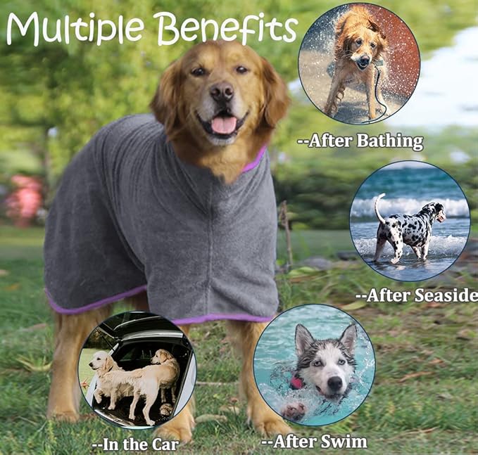 Dog Drying Coat - Fast Drying Dog Towel Robe - Microfiber Super Absorbent Pet Bathrobe, Adjustable Collar & Belly Strap Fast Drying Coat Pet Dog Cat Bath Robe Towel