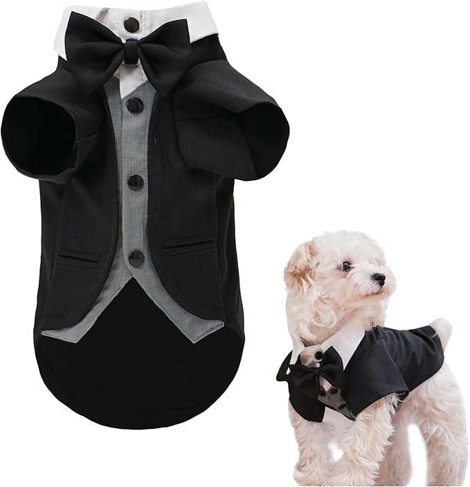 Dog Tuxedo Wedding Suit Shirt with Bow Tie, Formal Outfit Tux Attire for Puppy Small Medium Dogs Cats Costume (BW Suit, 2X-Large)