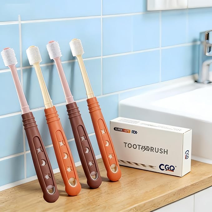 CGO 360° Silicone Pet Toothbrush - Dog Toothbrush for Small Dogs & Cats, 4-Pack Round Head, Extra Soft Bristles, Dental Cleaning and Oral Hygiene for Puppies and Kittens (2 Orange, 2 Brown)
