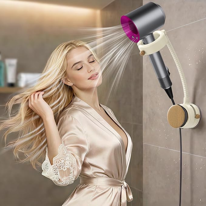 Hands Free Hair Dryer Holder Wall Mount, 360° Rotating Adjustable Height Suction Cup Blow Dryer Holder, No Drill Installation, Damage-Free Wall, with Cord Storage for Most Hair Dryers（Cream）