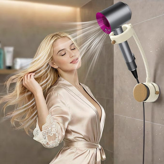 Hands Free Hair Dryer Holder Wall Mount, 360° Rotating Adjustable Height Suction Cup Blow Dryer Holder, No Drill Installation, Damage-Free Wall, with Cord Storage for Most Hair Dryers（Cream）