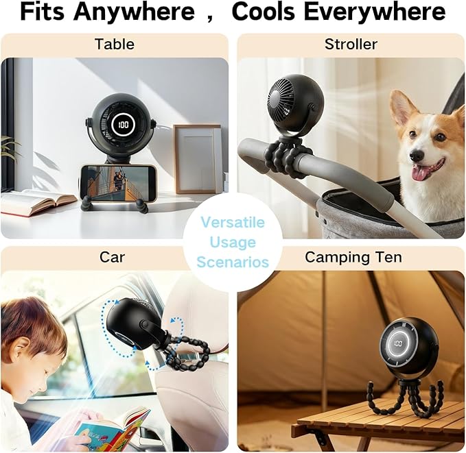 Portable Stroller Fan - Pinch-Proof, 4000mAh Rechargeable LED Display, 3-Speed & 3-Level Night Light, 360° Adjustable, Flexible Tripod for Car Seat, Stroller, Pet Cart, Camping & Travel