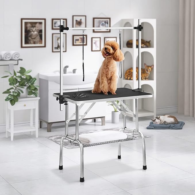 36 Inch Professional Adjustable Pet Grooming Table Heavy Duty with Arm Noose & Mesh Tray for Dog Cat Shower Table Maximum Capacity Up to 265Lb, Black