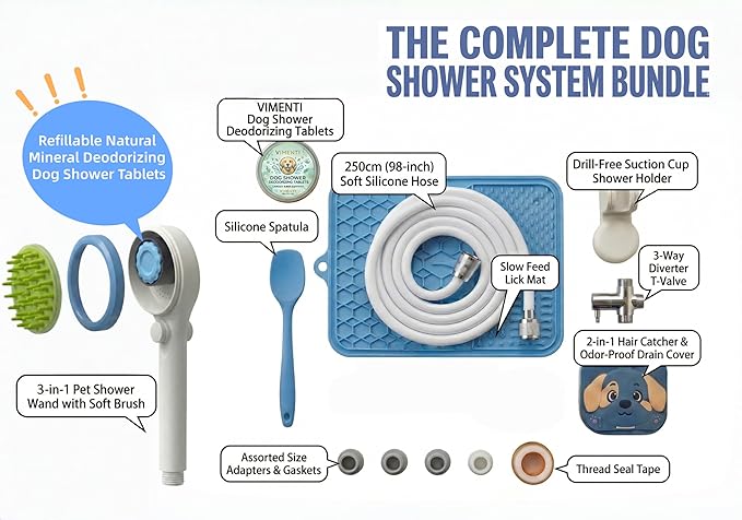 Dog Shower Sprayer Kit with Natural Odor-Eliminating Crystals, Pet Bathing Tool with Massage Brush, Easy ON/OFF Switch, 8.2ft Flexible Silicone Hose, Brass Diverter, Lick Mat & Clog-Free Drain