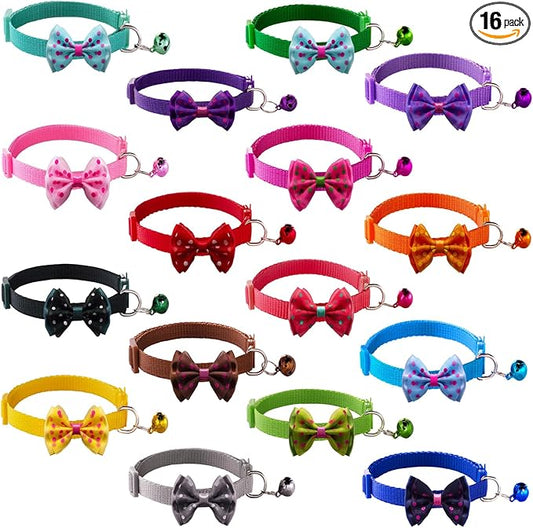 16 PCS Cute Cat Collars with Bells - Breakaway Collars for Girls & Small Kittens - Pink, Bowtie Design - Kitten Supplies