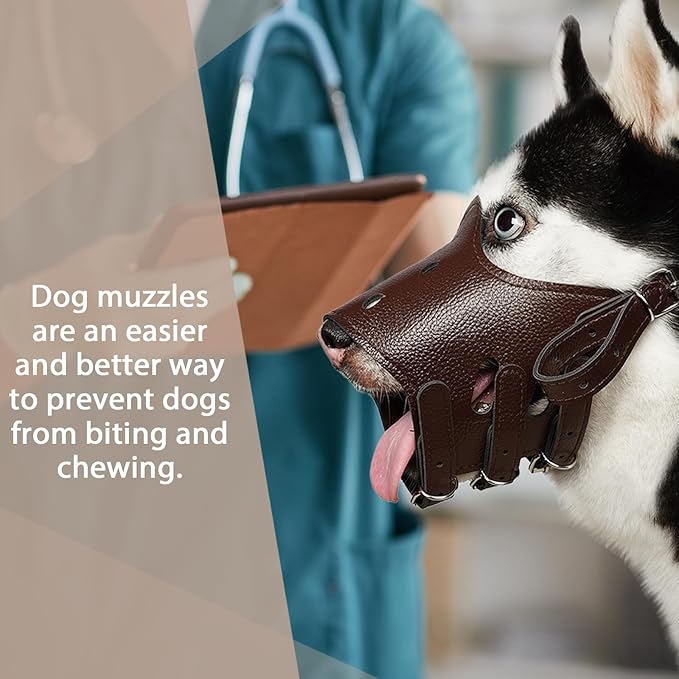 BARKLESS Dog Muzzle Leather, Soft Secure Anti-Barking Leather Muzzle for Large Sized Dogs to Prevent Biting, Breathable and Adjustable, Allows Drinking and Panting, Used with Collars