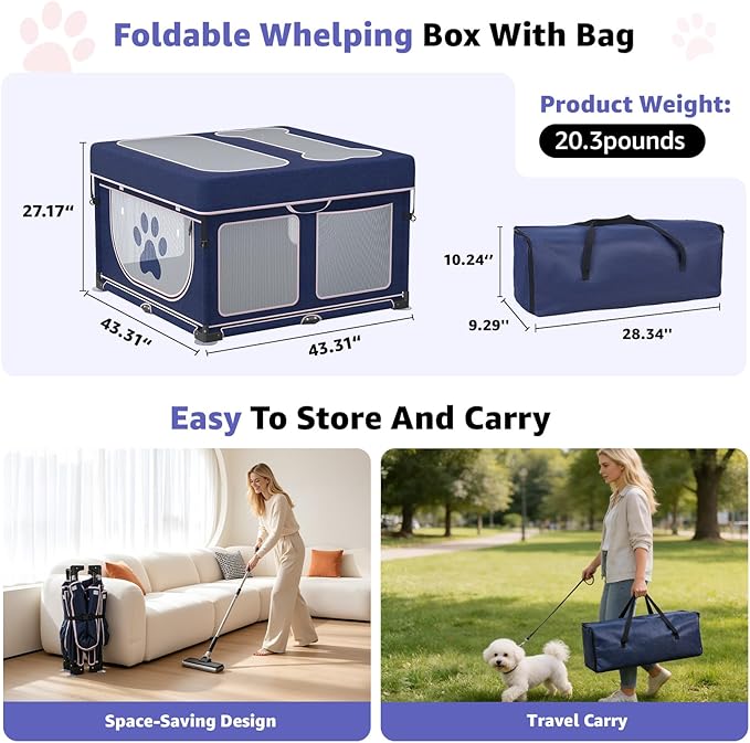LOOBANI Foldable Whelping Box for Dogs and Puppies: 1 Min Setup Pet Puppy Playpen Indoor with Cover & Waterproof Bottom, Portable Birthing Box for Dog Cat Duck-43.3"x43.3"x27.1"│Patented (Blue+Pink)