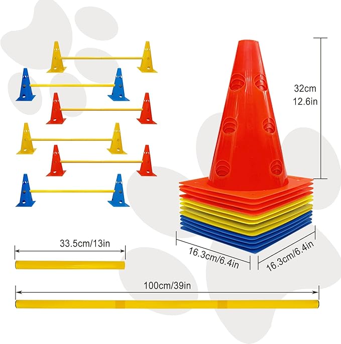 Dog Agility Hurdle Cone Set, Dog Agility Backyard Set Include Height cossbar Agility Rods, Dog Agility Equipment for Rehabilitation & Beginners(Blue+Orange+Yellow)