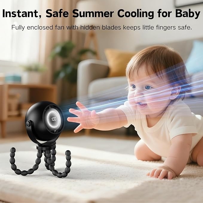Portable Stroller Fan - Pinch-Proof, 4000mAh Rechargeable LED Display, 3-Speed & 3-Level Night Light, 360° Adjustable, Flexible Tripod for Car Seat, Stroller, Pet Cart, Camping & Travel