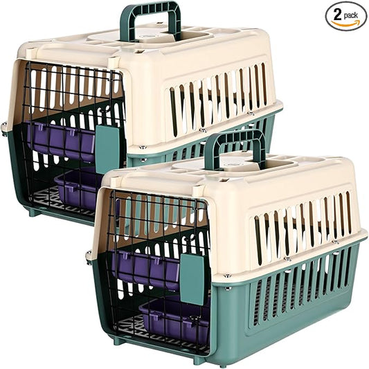 2 Set Hard Plastic Pet Carrier Breathable Dog Cat Kennel with Metal Door Bowl Grille Mat Pet up to 14 Lbs Carrier for Walking Camping Vet Visits Travel, 17.3"L x 11.8"W x 10.6"H(Blue White)
