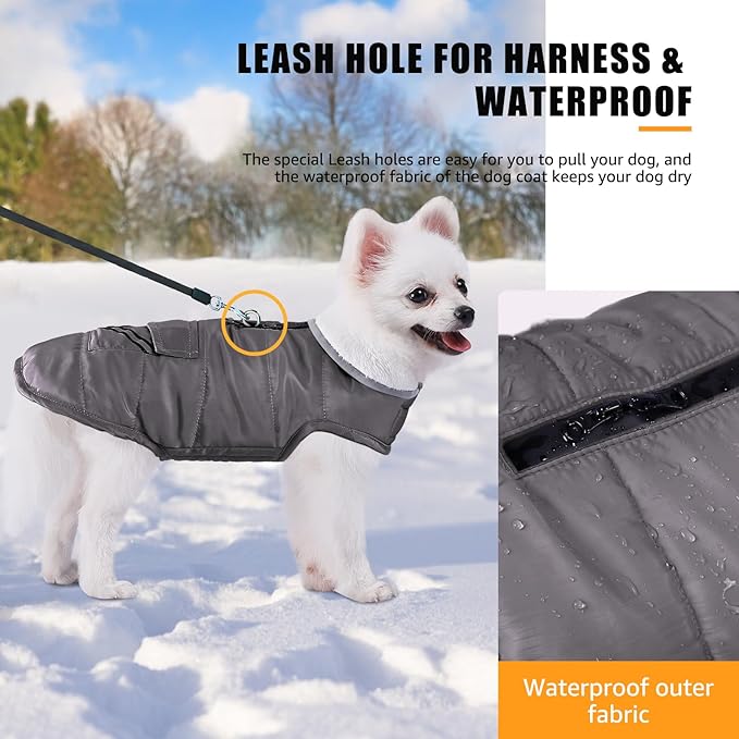 Dog Winter Jacket for Medium Dogs, Easy on Dog Fleece Snow Coat Velcro Waterproof Pet Puffer Clothes with Harness Hole Adjustable Reflective Quilted Pet Cold Weather Vest Wind-poof for Boy Male