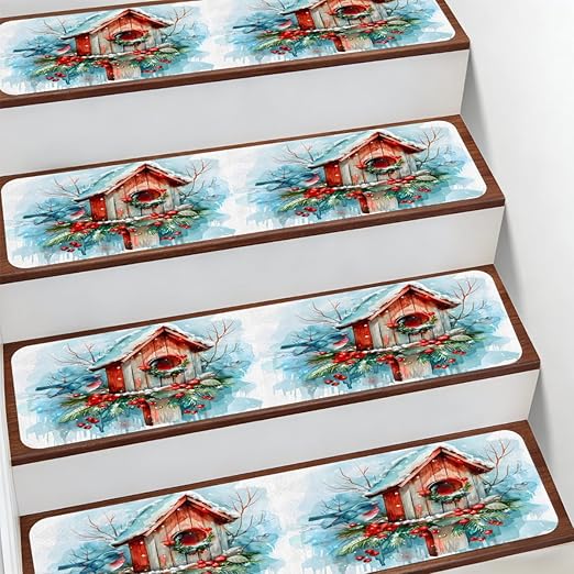 Animal Bird Bird House Stair Treads for Wooden Steps Indoor Washable Staircase Carpet 10PCS 30"x7.8" Stair Step Treads Non-Slip Staircase Covers Peel and Stick Safety Mat for Kids Elders Pets