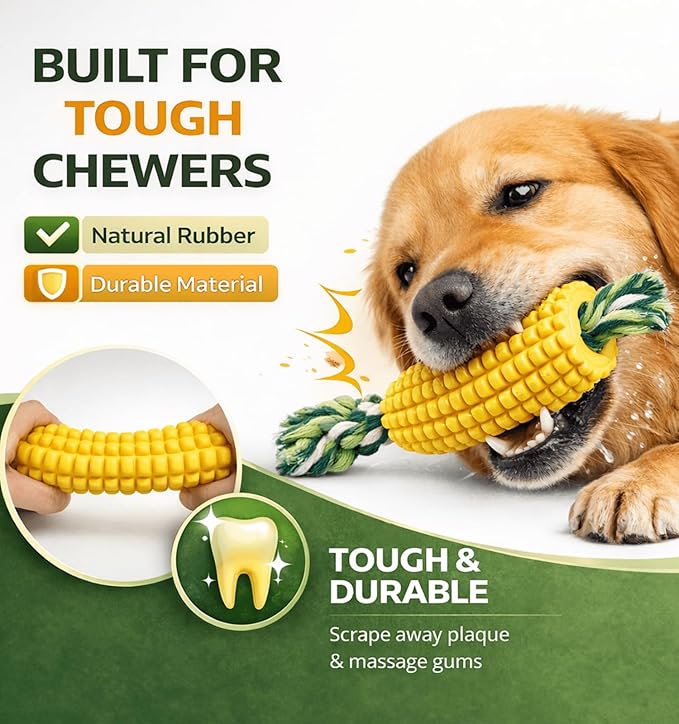 4.37 inch Corn Cob Dog Toys for Aggressive Chewers, Durable Rubber Teething Toys for Puppies, Dog Toys to Keep Them Busy, Bite and Brush Dental Toy for Small Medium and Large Dogs