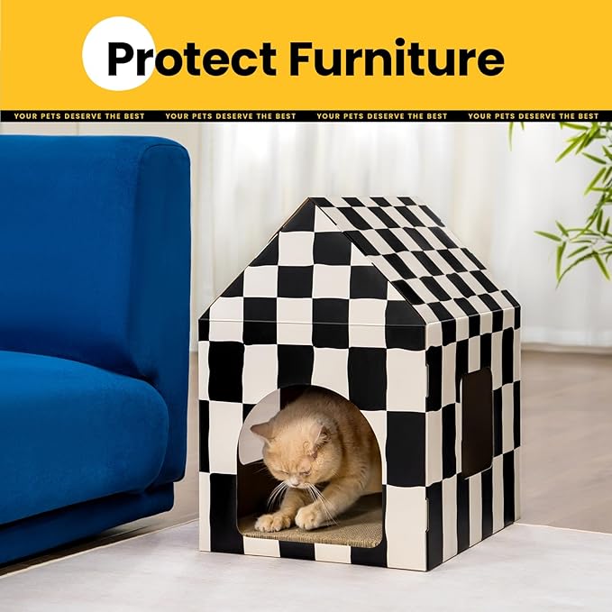 Conlun Cardboard Cat House with Scratch Pad & Catnip, Cat Play Scratching House for Indoor Hideaway Furniture, Heavy Duty Sturdy Cardboard Scratcher, Easy to Assemble Birthday Gift, Large