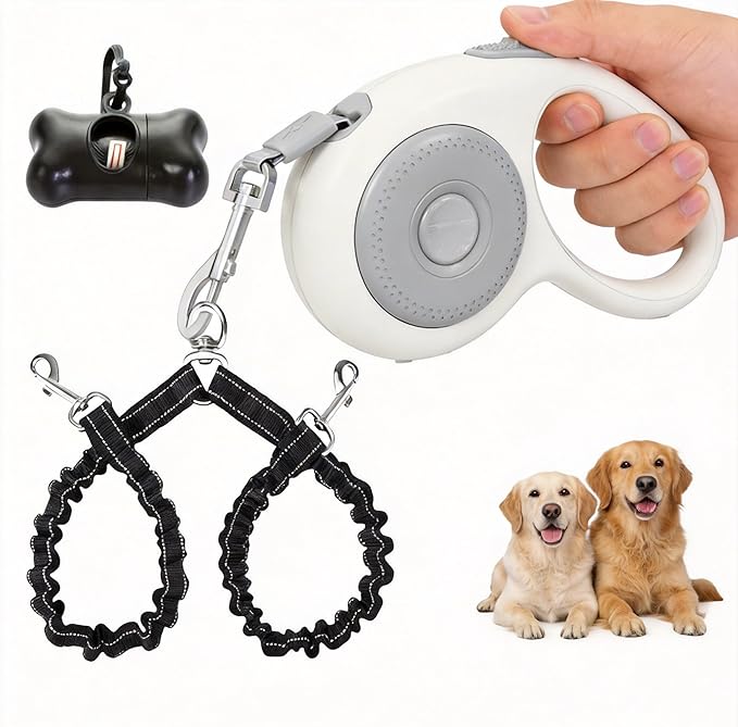 Dual Retractable Dog Leash for 2 Large Dogs (Up to 110 Lbs Each), One-button Break and Lock, Non-slip Grip, Double-headed, 16 FT Extendable Pet Leash with Poop Bags, and 360° Tangle-free (Gray, Large)