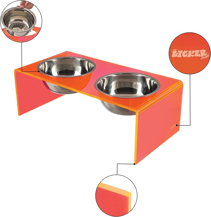 THE LICKER Store DBL2001E Keaton 7.5" Medium/Large Modern Acrylic Rectangular Elevated Pet Feeder with 54oz 2-Stainless Steel Bowls, Pink/Chrome