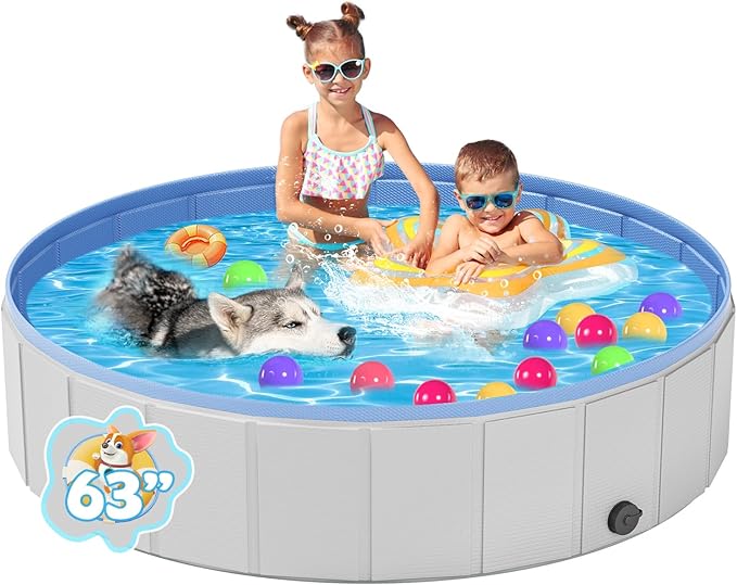 YSJILIDE Portable Dog Pool PVC Pet Swimming Pool Bathtub Collapsible Dog Pool, Hard Plastic Pool for Pets to Swim and Bath (XL-63"x 12" Light Grey)