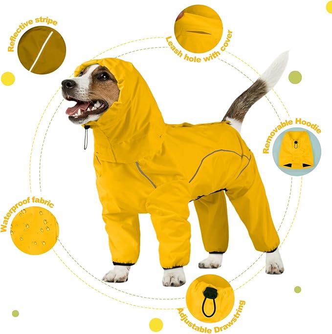 Dog Raincoat, Waterproof Dog Rain Jacket with Removable Hood，Adjustable 4 Legs Pet Poncho with Leash Hole，Reflective Stripe Hooded Snowproof Windproof Clothes for Small to 3X-Large Dogs, S