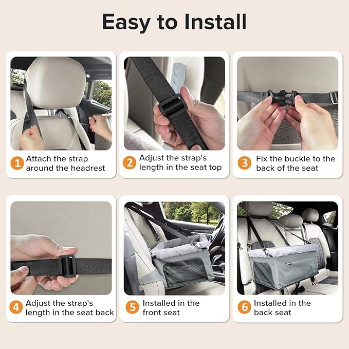 JOEJOY Deluxe Dog Booster Seat with Sturdy Metal Frame and Safety Leash for Small Pets up to 20 lbs - Portable Puppy Dog Car Seat with Thick Cushion and Storage Pockets for Small Dogs, Brown