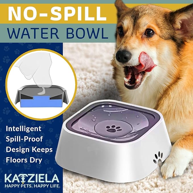 Katziela No Spill Dog & Cat Water Bowl - 35oz Slow Feeder, No Drip, Non-Slip Design