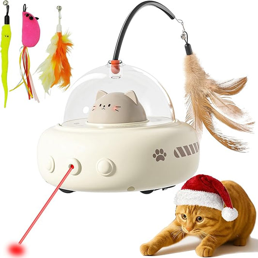 hooroor 2-in-1 UFO Laser Cat Toy with Feather, Automatic Motion Smart Sensor Interactive Toy for Indoor Cats&Small Dogs, Rechargeable Obstacle-Avoidance Exercise Toy, Self-Play Pet Gift White Updated