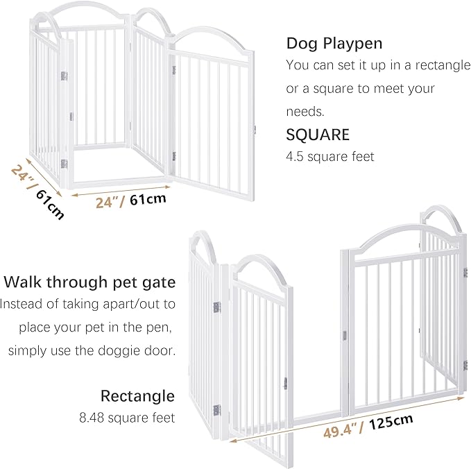 BHG Metal No-Assembly Freestanding Dog Gate with Door Walk Through, Extra Wide 96", Extra Tall 32" Pet Gate, Accordion Puppy Folding Playpen Dog Fence for Indoor & Outdoor, with 2PCS Support