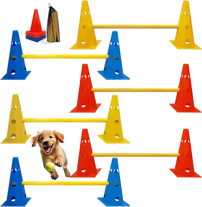 Dog Agility Hurdle Cone Set, Dog Agility Backyard Set Include Height cossbar Agility Rods, Dog Agility Equipment for Rehabilitation & Beginners(Blue+Orange+Yellow)