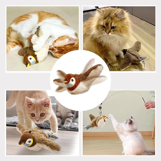 Upgraded Interactive Chirping Bird Cat Toys with Flapping Wings,No Flying Birds Cats Toy, Flying Simulation Electric Sparrow Shaking Hunting Pet Toy for Indoor-Larger