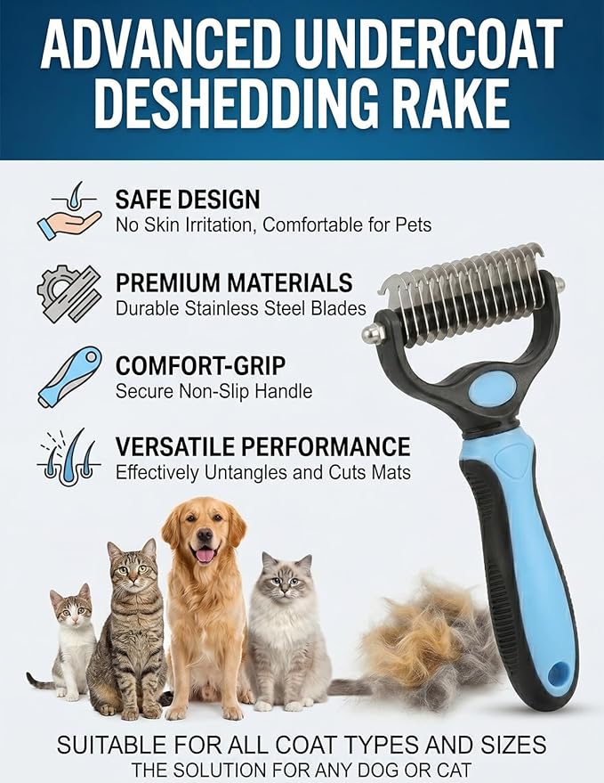 Professional Deshedding Tool for Dogs & Cats, Pet Pro Grooming Tools, Indoor Cat Double-Sided Brush Rake, Pets Hair Remover Shedding, Long Haired Dog Brushes, Undercoat Combs Supplies(Green-L)