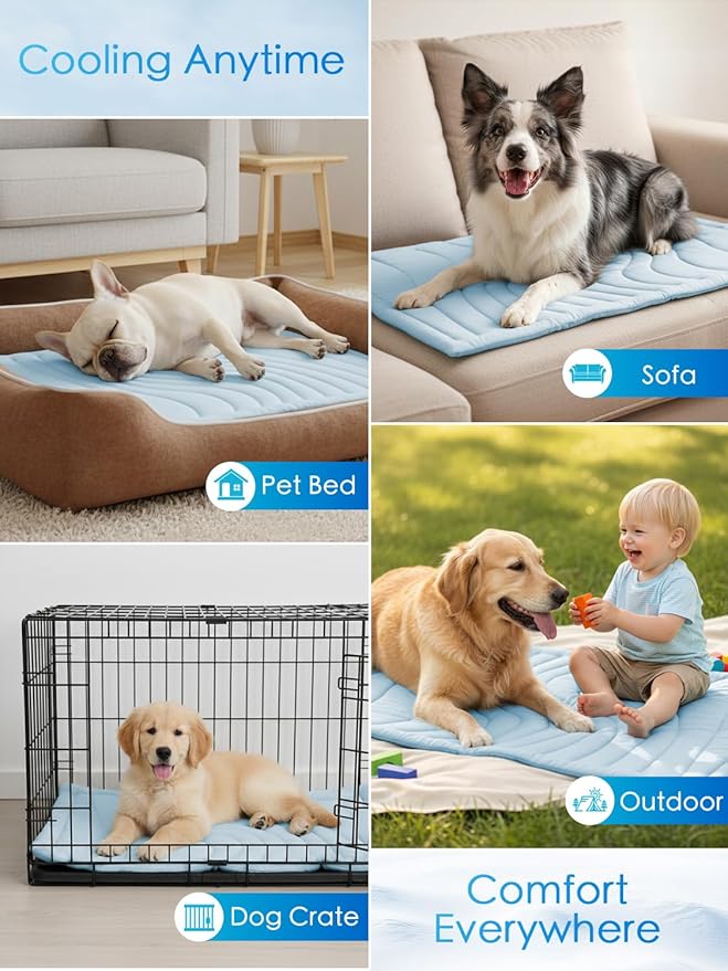 BECEMURU Dog Cooling Mat, Q-MAX＞0.46 Thickened Breathable Cold Pad for Summer Active Dog, 60"x40" Portable Washable Kennel Crate Pet Bed, Rapid Cooling Durable Non-Gel Blue