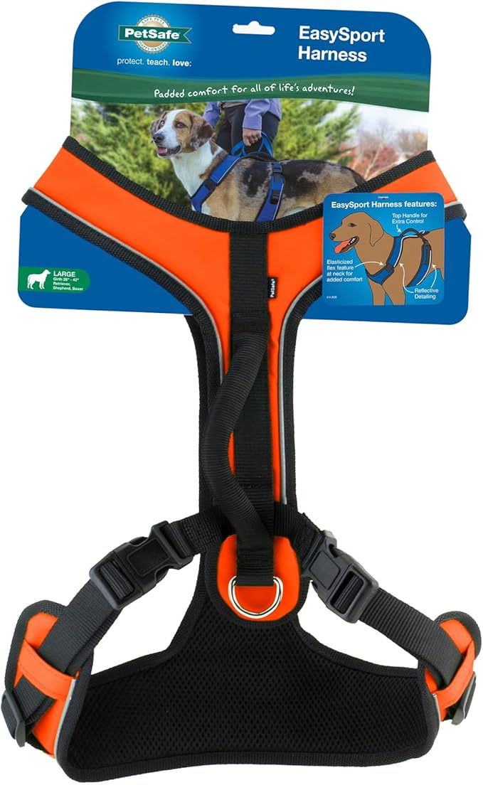 PetSafe EasySport Dog Harness Adjustable, Padded Dog Harness with Control Handle and Reflective Piping Large, Orange