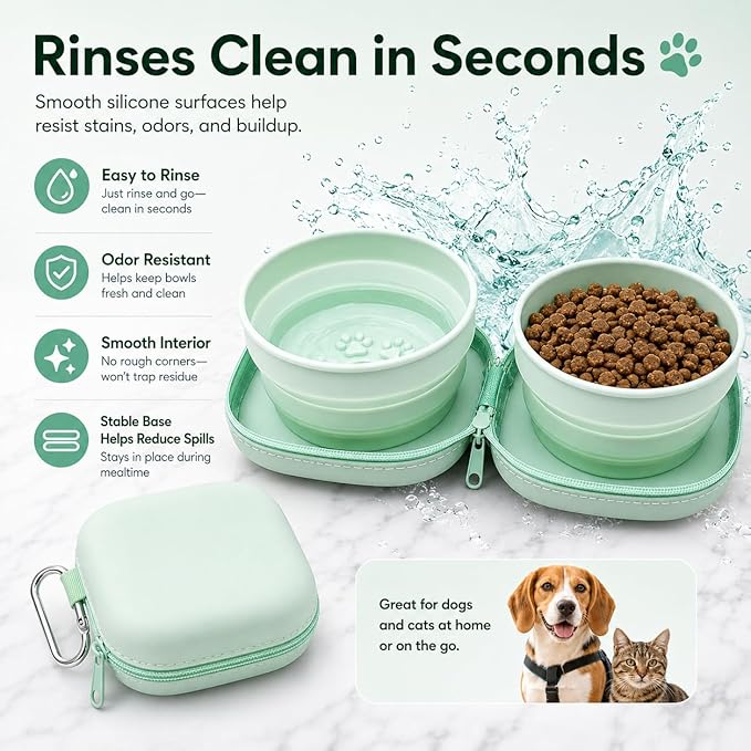 ZBBOPQ Portable Dog Bowl, Collapsible 2-in-1 Travel Dog Bowls with Carabiner Clip, Silicone Double Pet Food and Water Dish for Outdoor Camping and Hiking (Green)
