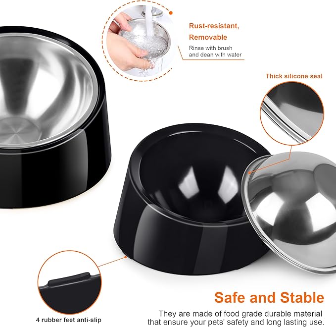 Tilted Dog Bowl Non-Slip & Non-Spill Pet Feeder with Elevated Detachable Melamine Stand, Easy to Get Food Dog Dish, S/100ml Black