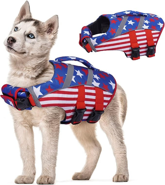 Kuoser Dog Life Jacket with Reflective Stripes, Dog Life Vest for Swimming Boating, Adjustable Pet Lifejackets with High Flotation, Doggie Swimsuit for Small Medium Large Dogs