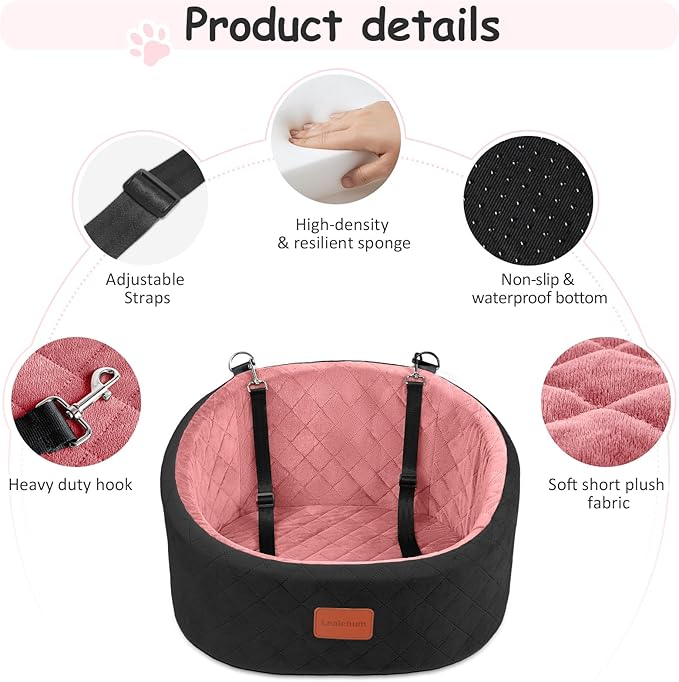 Lealchum Dog Car Seat for Small Dogs Up to 30 Lbs,Ultra Soft Fabric Fill in Comfy Memory Foam,Happy Pet Ride,2 Safety Dog Leashes,Fully Detachable and Washable,Anti Slip Base (Black/Pink, Small)