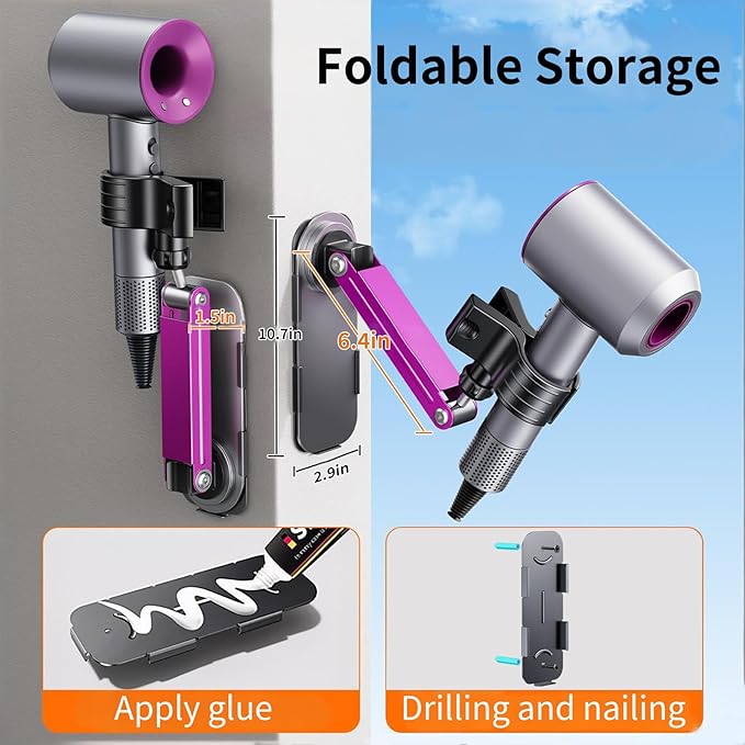 Metal Stable Hair Dryer Stand,Hands Free Blow Dryer Stand With Height & Angle Adjustable,Wall Mounted & Countertop Hairdryer Holder For Bathroom Bedroom Vanity,Compatible With 99% Hairdryers（Small）