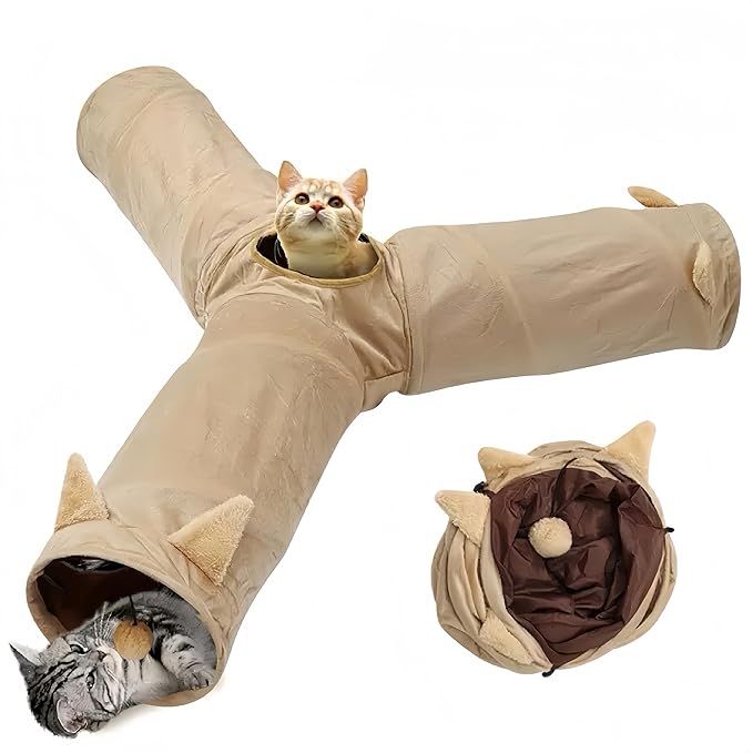 Cat Tunnel 3 Way Collapsible, Cat Ear Design with Crinkle Sound, Indoor Cat Toys Interactive, 4 Peek Holes Pet Play Tube for Cats, Kitten, Puppy, Rabbit, Brown (3-Way Brown Cat Ears)