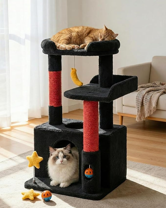 30In Cute Cat Tower for Indoor Cats with Cat Condo, Plush Platform, Hammock, Sisal Scratching Posts, Dangling Ball, Tall Cat Tree Tower with Self-Grooming Brush (Jet Black)