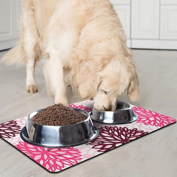 Dog Food Mats for Floors, Absorbent and Quick-Drying Pet Cat Food Mat,Anti-Fouling and Easy-to-Clean Pet Feeding Mat,Dog Bowl Mat for Messy Drinking Water Bowls.17x27, Bohemia Dahlia Floral Style