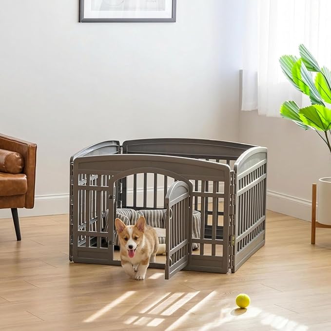 IRIS USA 24" Dog Playpen 4-Panel Pet Exercise Pen with Door Gate 35 x 35 x 24 Puppy Play Pen Indoor Outdoor Plastic Foldable Portable Pet Fence for Small Medium Dogs Puppies Multiple Pets Gray