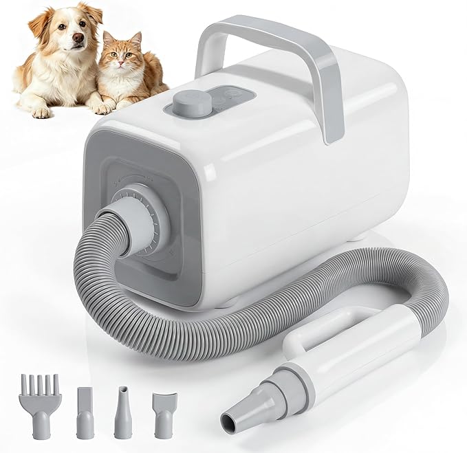 NEWBULIG Dog Hair Dryer, 1550W High Velocity Pet Blow Dryer with Heater for Grooming, Speed Temperature Adjustable Dog Blower Grooming Dryer with 4 Nozzles, White