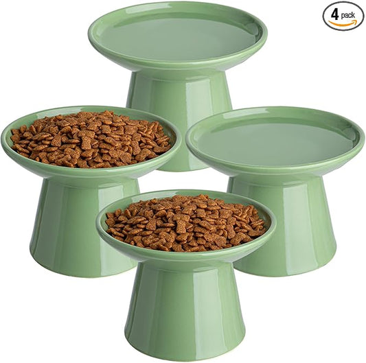 6.2 Inch Extra Wide Elevated Ceramic Cat Bowls, Food and Water Bowl Set for Elder Big Cats Small Dogs, Raised Design for Pet Easy Eating, Protect Cat's Spine Set of 4(Green)