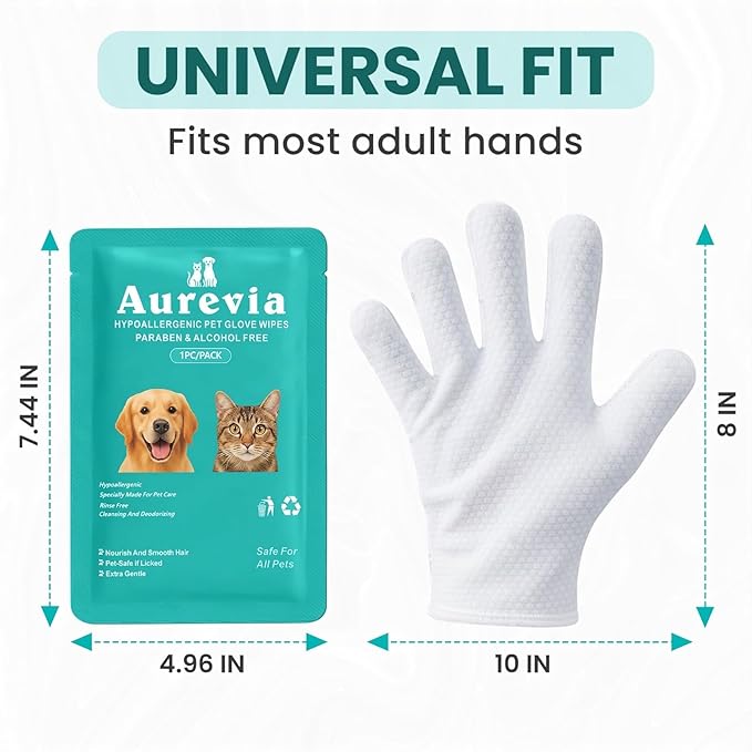 Hypoallergenic Pet Glove Wipes for Dogs & Cats - 7 Individually Wrapped Disposable No-Rinse Grooming Mitts | Lick-Safe Waterless Cleaning Gloves for Paws, Butt, Face & Fur | Deodorizing & Soft