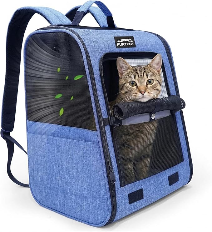 Cat Backpack Carrier with Ventilation Mesh and Safety Leash, Lightweight Dog Travel Backpack with Pockets, Reflective Strip, and Removable Mat,Hiking and Outdoor Use,Blue