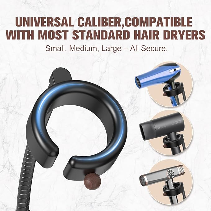 SEANCHEER Hands Free Hair Dryer Holder Wall Mount, 360° Rotating Adjustable Height Suction Cup Blow Dryer Holder, No Drill Installation, Damage-Free Wall, with Cord Storage for Most Hair Dryers